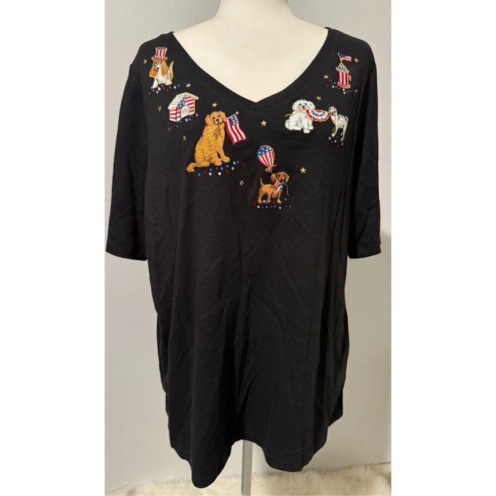 Quacker Factory NWT Patriotic Dogs embroidered v neck top XL